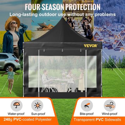VEVOR Tonnelle imperméable 3x3m pop-up, parois latérales, résistante UV/pluie/neige, sac à roulettes, noir.