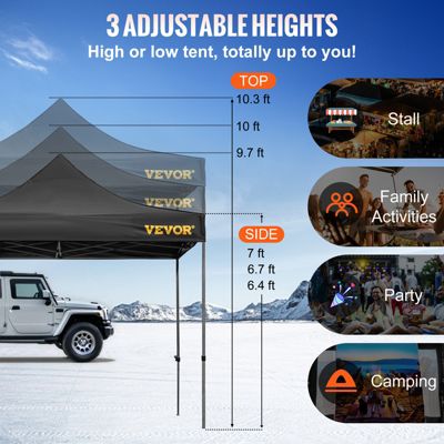VEVOR Tonnelle imperméable 3x3m pop-up, parois latérales, résistante UV/pluie/neige, sac à roulettes, noir.