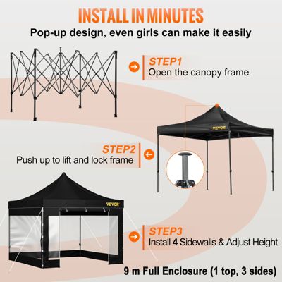 VEVOR Tonnelle imperméable 3x3m pop-up, parois latérales, résistante UV/pluie/neige, sac à roulettes, noir.