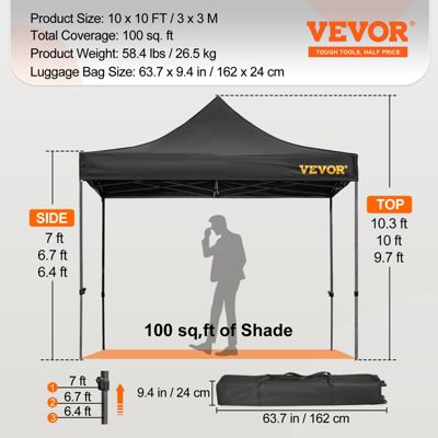VEVOR Tonnelle imperméable 3x3m pop-up, parois latérales, résistante UV/pluie/neige, sac à roulettes, noir.