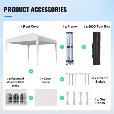 VEVOR Tonnelle pop-up 2.95x2.95 m, portable, parois latérales, abri solaire jardin/événements, blanc.