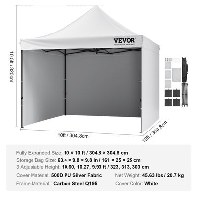 VEVOR Tonnelle Pop-up 304,8x304,8 cm, Parois Latérales Amovibles, Résistante aux UV, Portable.