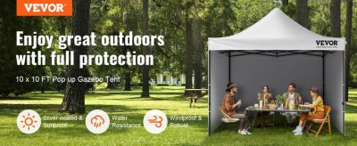 VEVOR Tonnelle Pop-up 304,8x304,8 cm, Parois Latérales Amovibles, Résistante aux UV, Portable.