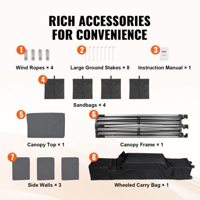 VEVOR Tonnelle pop-up 3x3m, parois latérales amovibles, résistante UV/pluie, sac à roulettes, gris foncé.