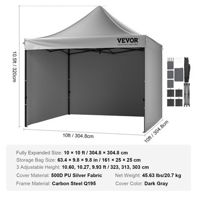 VEVOR Tonnelle pop-up 3x3m, parois latérales amovibles, résistante UV/pluie, sac à roulettes, gris foncé.