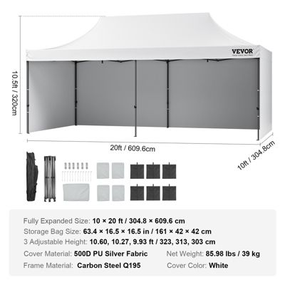 VEVOR Tonnelle pop-up 3x6m, parois latérales amovibles, sac à roulettes, résistante UV/pluie, pour jardin/fête.