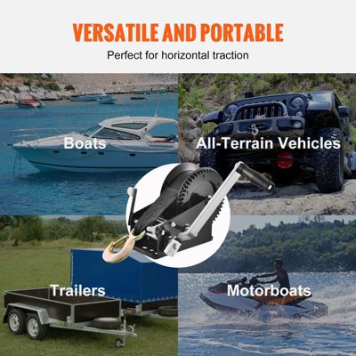 VEVOR Treuil manuel traction 1587.5 kg, manivelle, sangle polyester 10 m, bidirectionnel pour remorque, bateau, VTT.