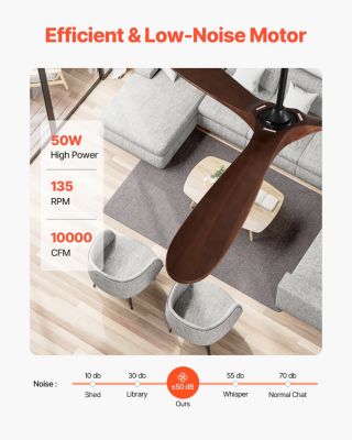 VEVOR Ventilateur plafond sans lumière 180 cm, 3 pales bois. Moteur CC réversible. Noyer.