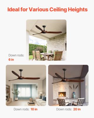 VEVOR Ventilateur plafond sans lumière 180 cm, 3 pales bois. Moteur CC réversible. Noyer.