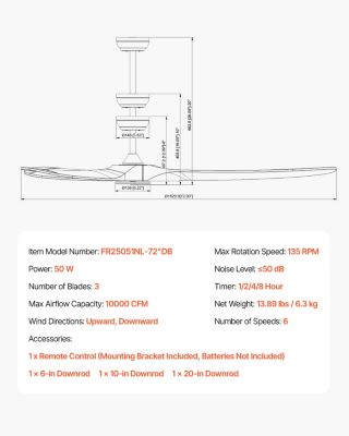 VEVOR Ventilateur plafond sans lumière 180 cm, 3 pales bois. Moteur CC réversible. Noyer.
