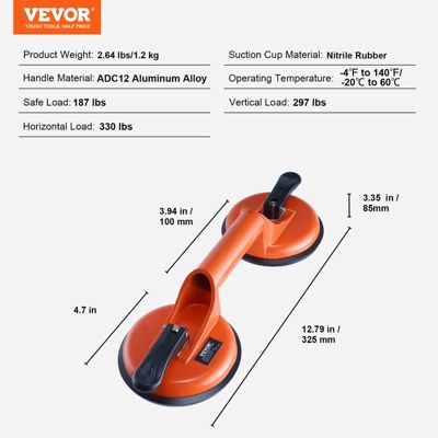 VEVOR Ventouse carrelage 119mm (2pcs) charge 150kg, poignée alu, pour verre, granit, carrelage, métal.