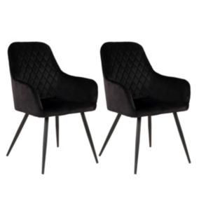 VIBY - Lot de 2 Fauteuils Velours Noir et Piétement Acier Noir