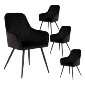 VIBY - Lot de 4 Fauteuils Velours Noir et Piétement Acier Noir