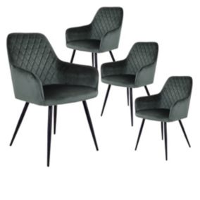 VIBY - Lot de 4 Fauteuils Velours Vert et Piétement Acier Noir