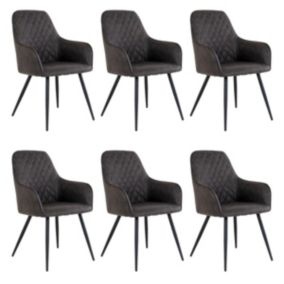 VIBY - Lot de 6 Fauteuils Microfibre Gris et Piétement Acier Noir