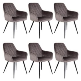 VIBY - Lot de 6 Fauteuils Velours Taupe et Piétement Acier Noir