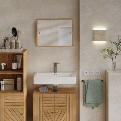 Armoire De Salle De Bain Avec Miroir En Bambou - 2 étagères - Fermeture Magnétique - 35x60x15 Cm