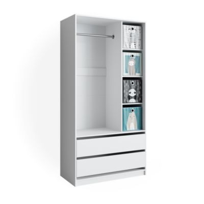 Vicco Armoire pour enfants Blanc 100x200cm avec 2 tiroirs et boîtes pliantes