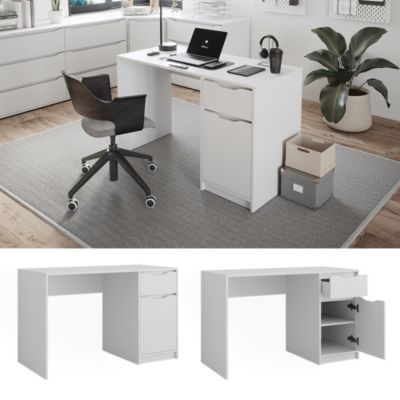 Bureau Vicco Emir Blanc – Avec Tablette, étagère, 6 Tiroirs Et Séparateur, Neuf