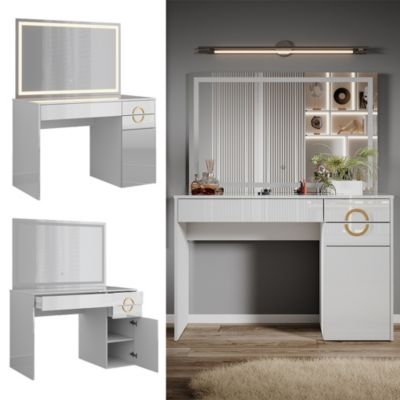 Vicco coiffeuse "Elise", Blanc/Gris, 115 cm avec miroir | Weiß/Grau/Grau | Mettre la table