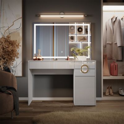 Coiffeuse Vicco Arles Blanc/gris Clair Avec Miroir Rond Et 2 Tiroirs (neuf)