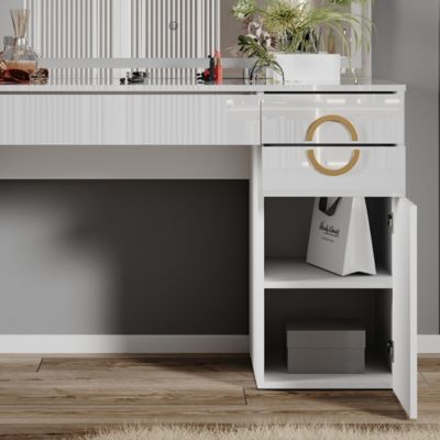 Coiffeuse Vicco Arles Blanc Gris Clair Avec Miroir Rond - Scandinave