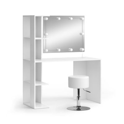 Vicco Coiffeuse Blanc 122.2cm avec miroir, guirlande LED et tabouret