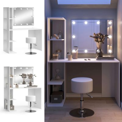 Vicco Coiffeuse Blanc 122.2cm avec miroir, guirlande LED et tabouret