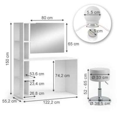 Vicco Coiffeuse Blanc 122.2cm avec miroir, guirlande LED et tabouret