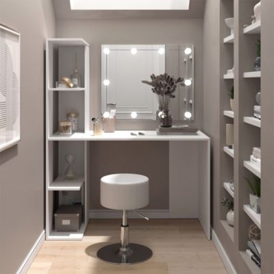 Vicco Coiffeuse Blanc 122.2cm avec miroir, guirlande LED et tabouret