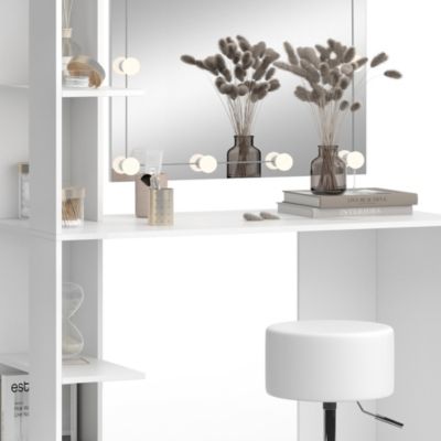 Vicco Coiffeuse Blanc 122.2cm avec miroir, guirlande LED et tabouret