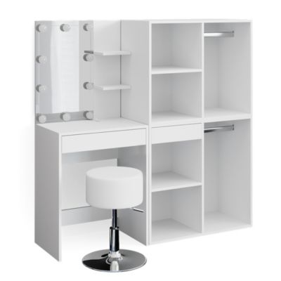 Vicco Coiffeuse Dekos, Blanc, 75cm avec Miroir LED, Chargeur QI et Banc, avec éclairage LED et Tabouret pour Une Utilisation Quotidienne