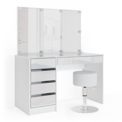 Vicco Coiffeuse Blanc 55cm avec éclairage LED et tabouret