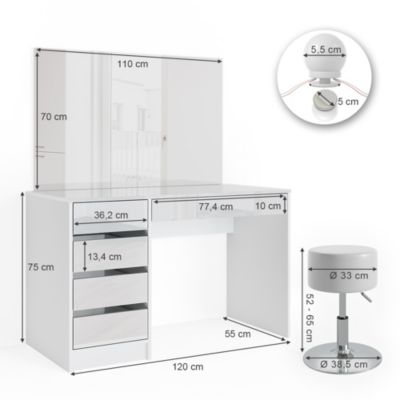 Vicco Coiffeuse Blanc 55cm avec éclairage LED et tabouret