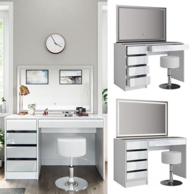 Vicco Coiffeuse Dekos, Blanc, 75cm avec Miroir LED, Chargeur QI et Tabouret, avec éclairage LED et Tabouret pour Une Utilisation Quotidienne