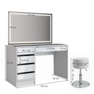 Coiffeuse Azur Blanc 120cm Avec Miroir Led Et Banc Vicco