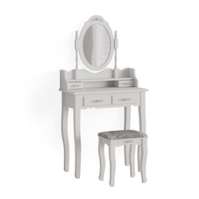 Coiffeuse  Y Compris Tabouret De Toilette , Tabouret De Rangement Table De Nuit Avec Miroir Et Eclairage Led Avec 3 Tiroirs Blanc
