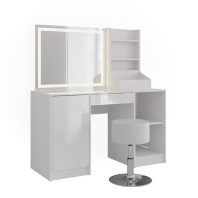 Vicco Coiffeuse blanc/blanc brillant 128.2cm avec miroir LED et tabouret