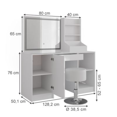 Vicco Coiffeuse blanc/blanc brillant 128.2cm avec miroir LED et tabouret