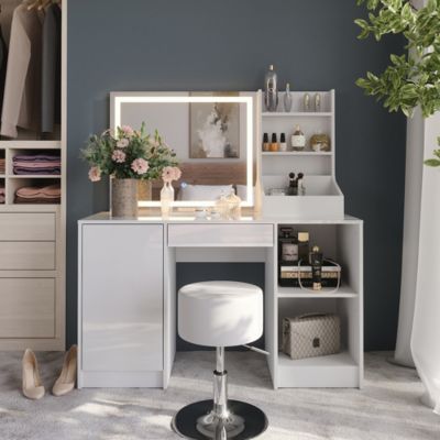 Vicco Coiffeuse blanc/blanc brillant 128.2cm avec miroir LED et tabouret