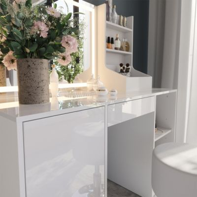 Vicco Coiffeuse blanc/blanc brillant 128.2cm avec miroir LED et tabouret