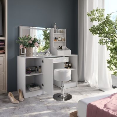 Vicco Coiffeuse blanc/blanc brillant 128.2cm avec miroir LED et tabouret