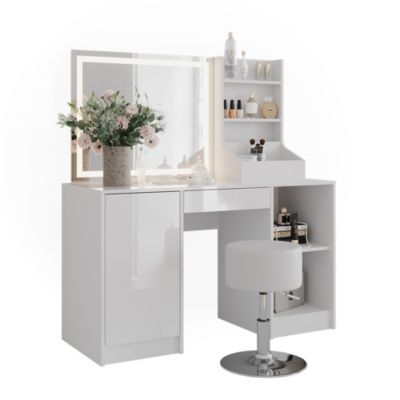 Vicco Coiffeuse blanc/blanc brillant 128.2cm avec miroir LED et tabouret