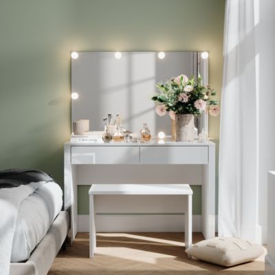 Coiffeuse Vicco Zoe Blanc Brillant – Avec Miroir Et Tabouret – 6 Tiroirs – NEUF