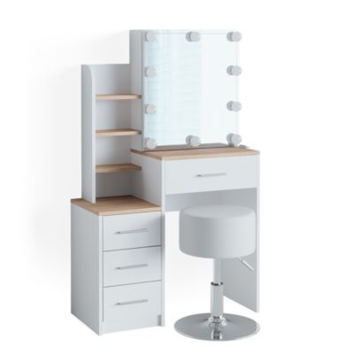 Vicco Coiffeuse Blanc/Sonoma 36cm avec éclairage LED et tabouret