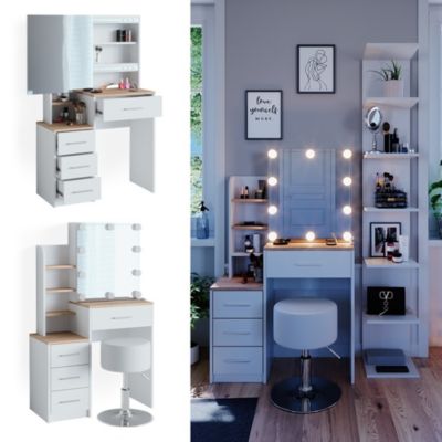 Coiffeuse Tower Blanc/Sonoma 122.2cm avec miroir LED et tabouret Vicco