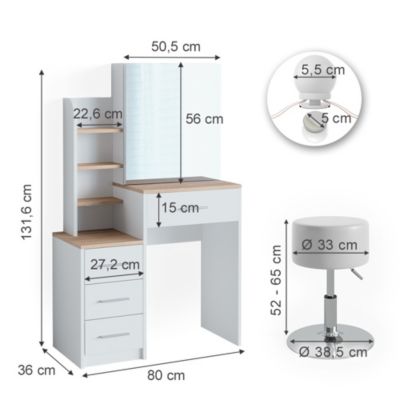 Vicco Coiffeuse Blanc/Sonoma 36cm avec éclairage LED et tabouret