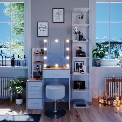 Vicco Coiffeuse Blanc/Sonoma 36cm avec éclairage LED et tabouret