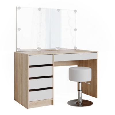 Vicco Coiffeuse Blanc/Sonoma 55cm avec éclairage LED et tabouret