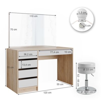 Vicco Coiffeuse Blanc/Sonoma 55cm avec éclairage LED et tabouret